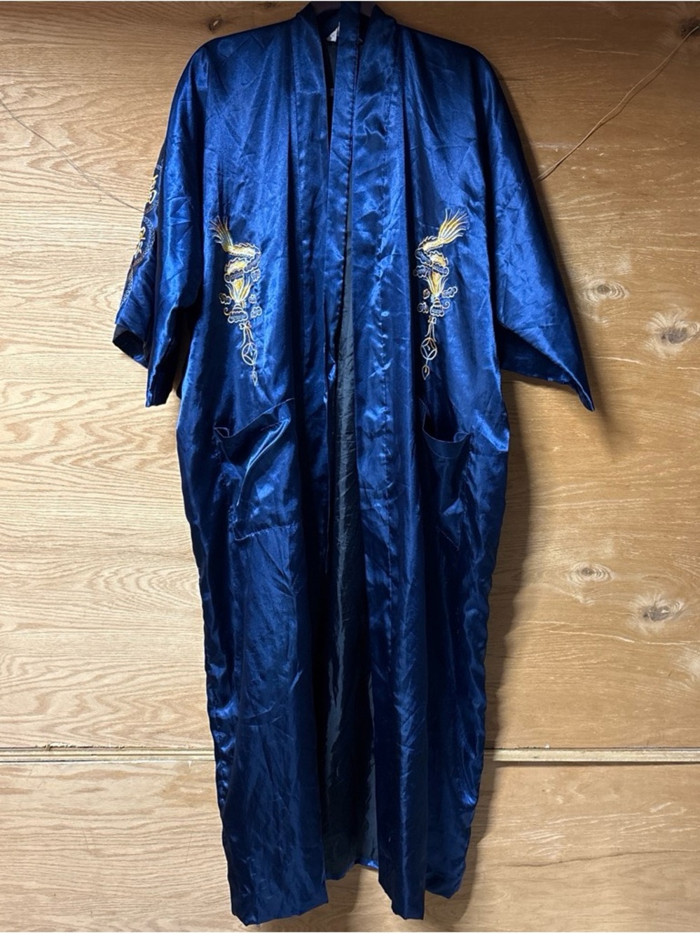Zhong Sang Navy Blue Satin Embroidered Kimono Robe